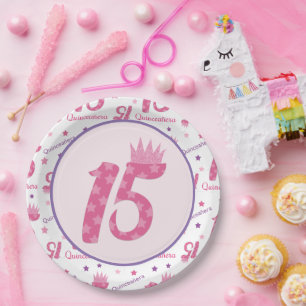 Quinceañera 15th Birthday Pink Purple Crown Paper Plates