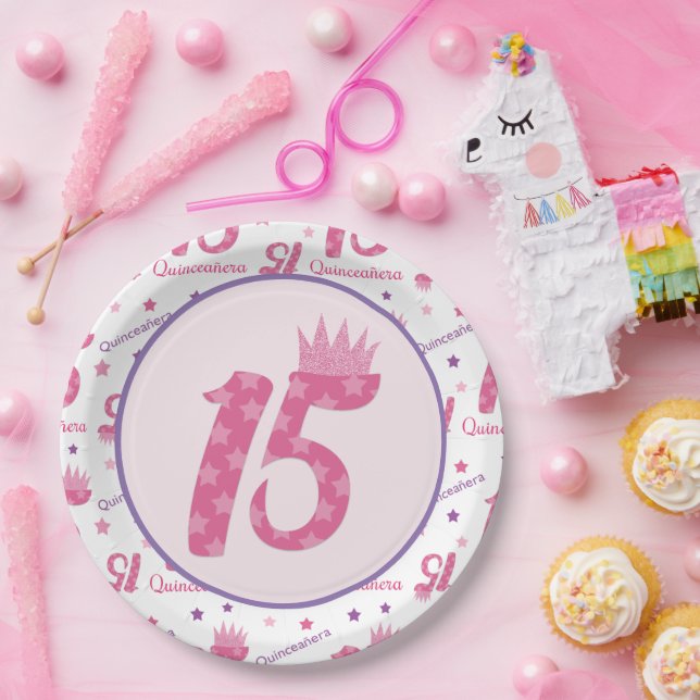 Quinceañera 15th Birthday Pink Purple Crown Paper Plates (Party)