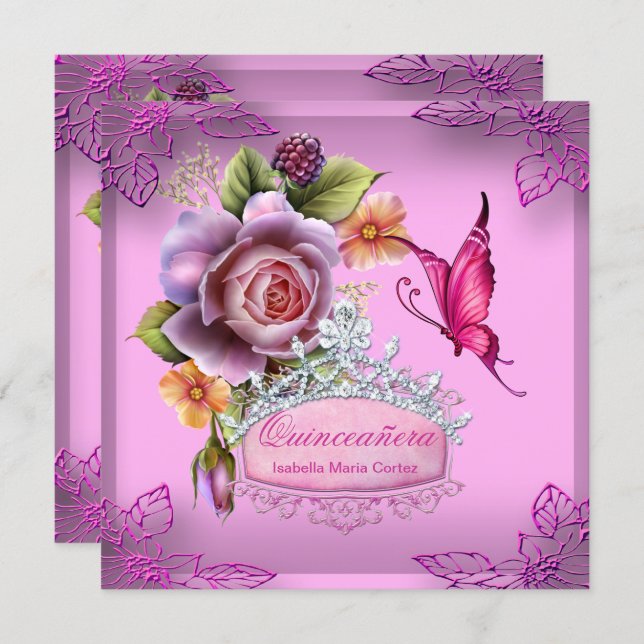 Quinceañera 15th Birthday PINK Tiara Butterfly Invitation (Front/Back)