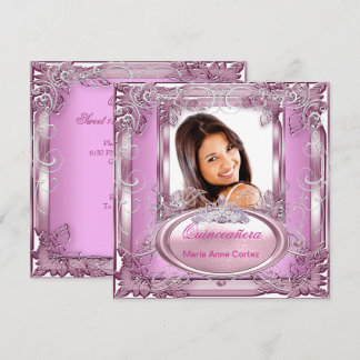 Quinceañera 15th Birthday Pink White Silver Tiara Invitation