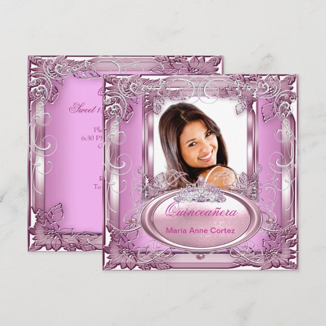 Quinceañera 15th Birthday Pink White Silver Tiara Invitation (Front/Back)