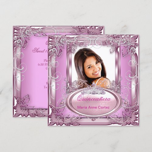 Quinceañera 15th Birthday Pink White Silver Tiara Invitations