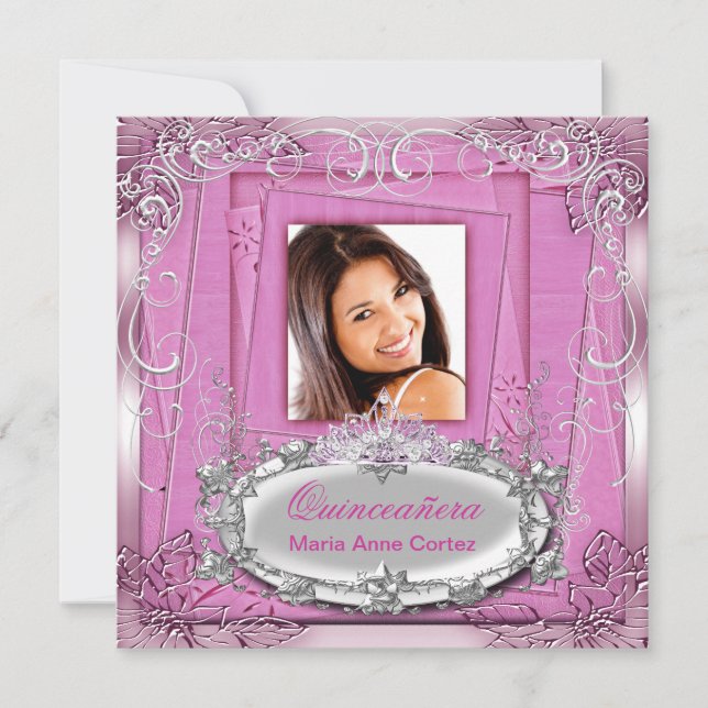 Quinceañera 15th Birthday Pink White Silver Tiara Invitation (Front)