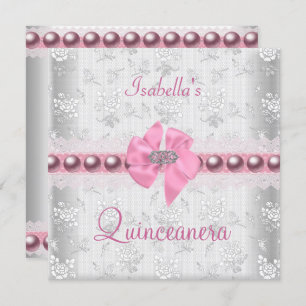Quinceanera 15th Birthday Pretty Lace Pink Bow Invitation