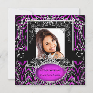 Quinceanera 15th Birthday Purple Black White Zebra Invitation