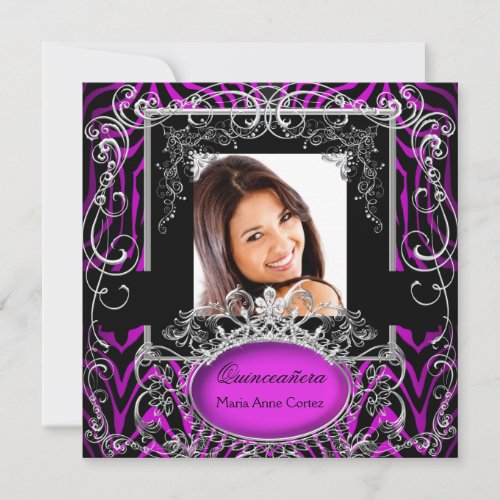 Quinceanera 15th Birthday Purple Black White Zebra Invitation