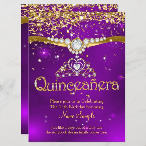 Quinceanera 15th Birthday Purple Confetti Gold Invitation