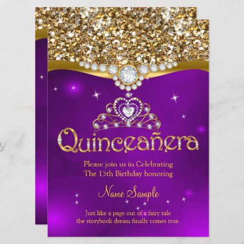 Quinceanera 15th Birthday Purple Glitter Gold Invitation