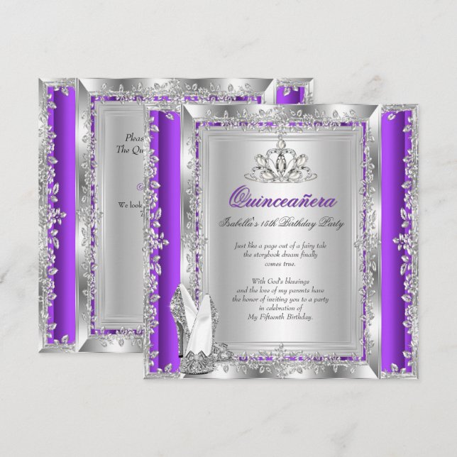 Quinceanera 15th Birthday Purple Silver Shoes Invitation (Front/Back)