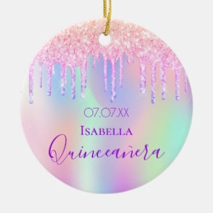 Quinceanera 15th birthday rainbow glitter pink ceramic ornament