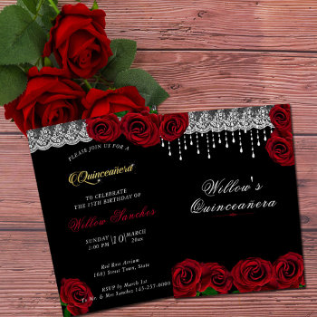 Quinceanera 15th Birthday Red Roses White Lace Invitation by longdistgramma at Zazzle