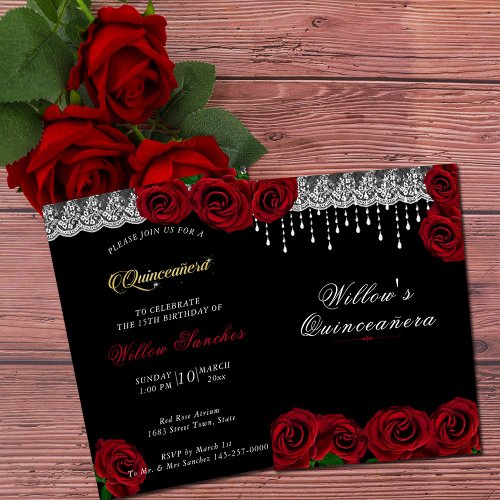 Quinceanera 15th Birthday Red Roses White Lace Invitation