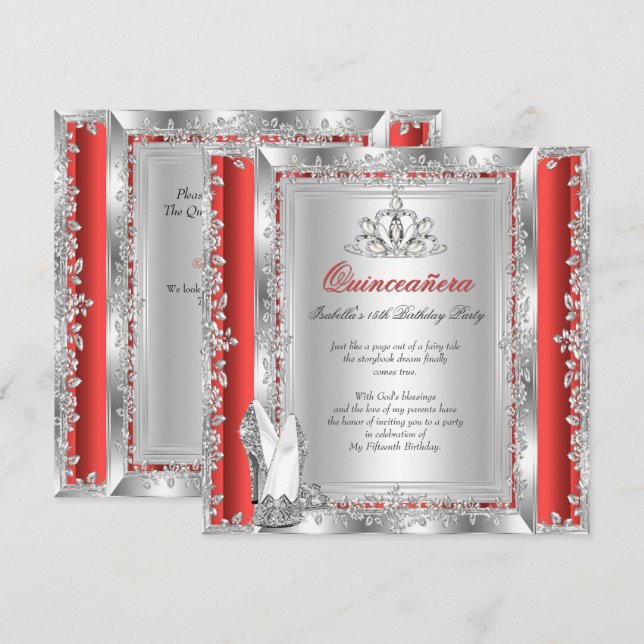 Quinceanera 15th Birthday Red Silver Shoes Invitation (Front/Back)