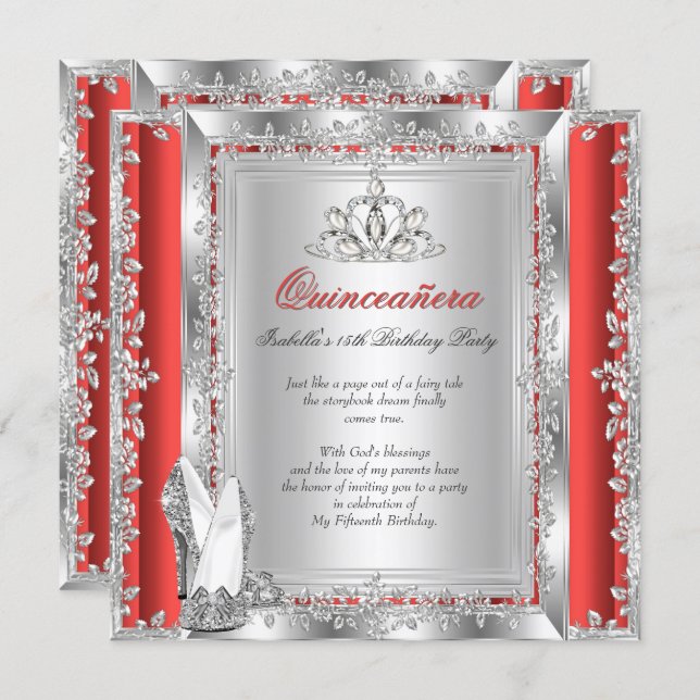 Quinceanera 15th Birthday Red Silver Shoes Invitation (Front/Back)