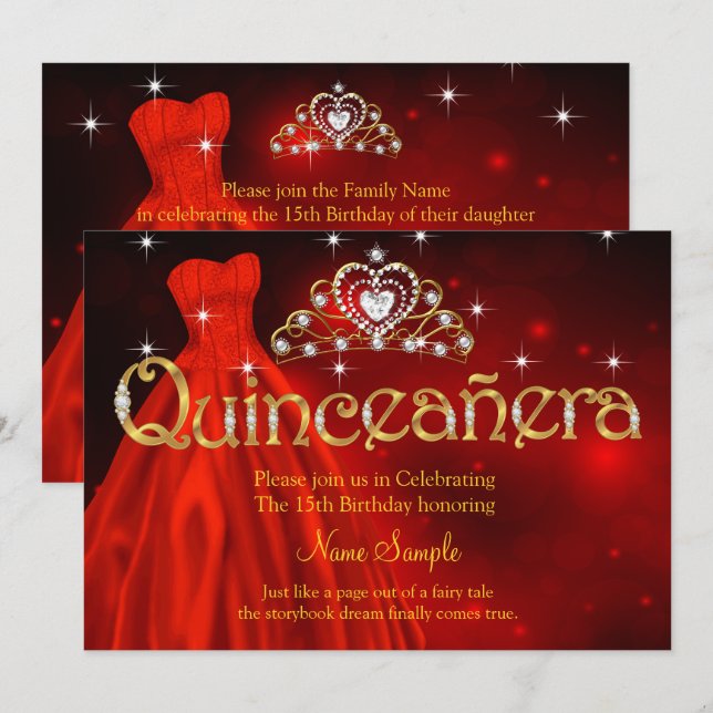 Quinceanera 15th Birthday Regal Red Dress Tiara Invitation (Front/Back)