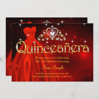 Quinceanera 15th Birthday Regal Red Dress Tiara Invitation