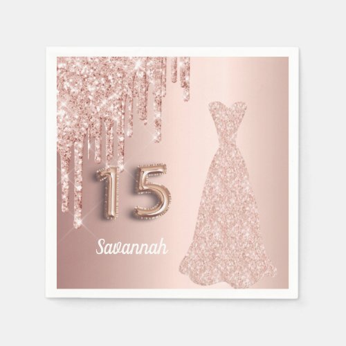 Quinceanera 15th birthday rose gold glitter drips napkins