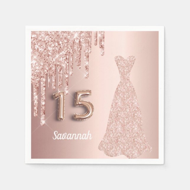 Quinceanera 15th birthday rose gold glitter drips napkins (Front)