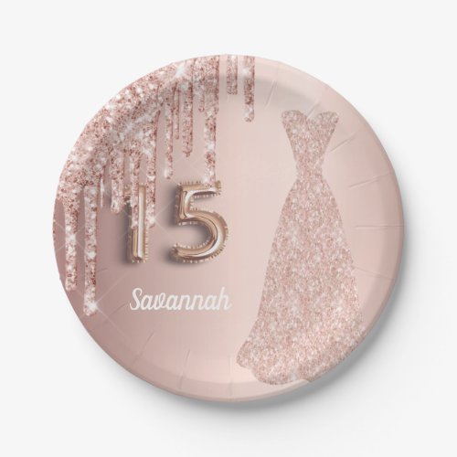 Quinceanera 15th birthday rose gold glitter pink paper plates