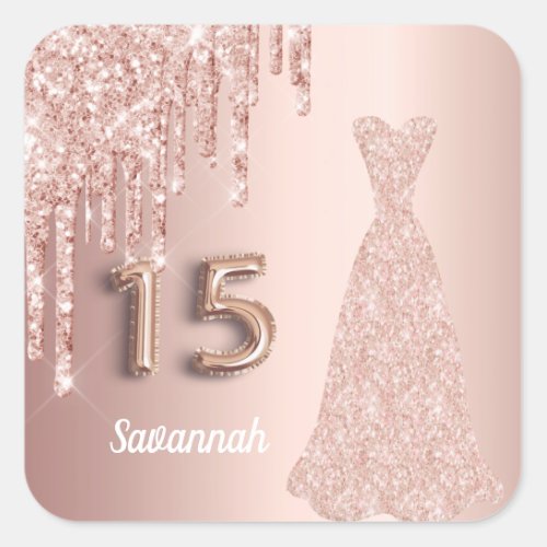 Quinceanera 15th birthday rose gold glitter pink square sticker