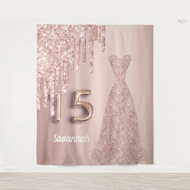 Quinceanera 15th birthday rose gold glitter pink tapestry (Front)