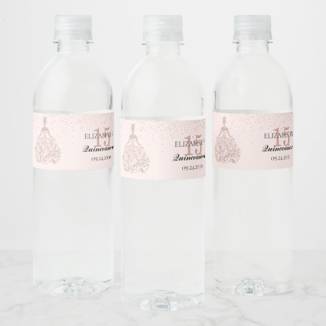 Quinceanera 15th Birthday Rose Gold Sparkle Dress Water Bottle Label (Bottles)