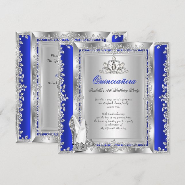 Quinceanera 15th Birthday Royal Blue Silver Shoes Invitation (Front/Back)