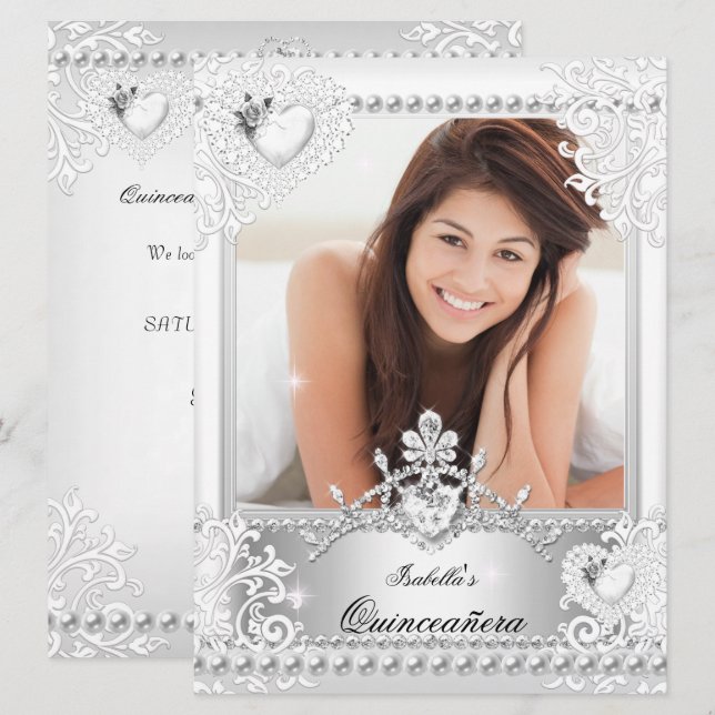 Quinceanera 15th Birthday Silver White Hearts 3 Invitation (Front/Back)