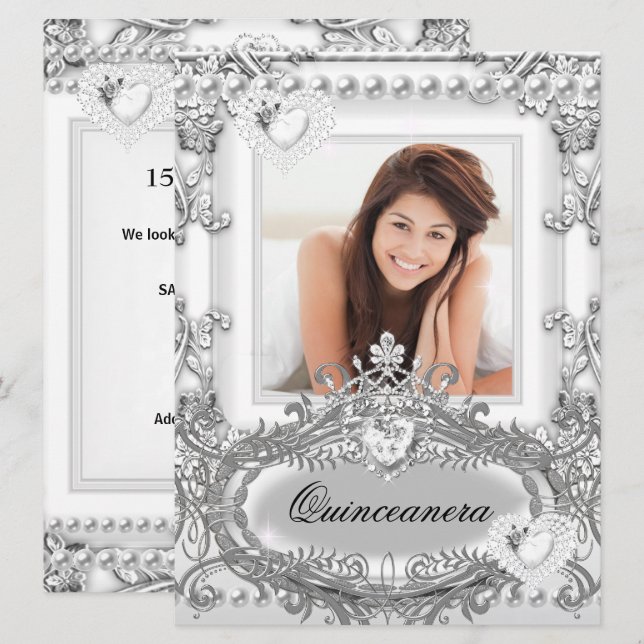 Quinceanera 15th Birthday Silver White Invitation (Front/Back)