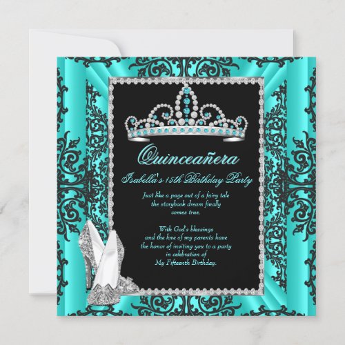 Quinceanera 15th Birthday Teal Blue Black Lace Invitation