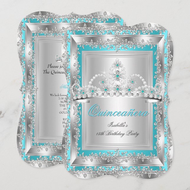 Quinceanera 15th Birthday Teal Blue Silver Tiara 2 Invitation (Front/Back)