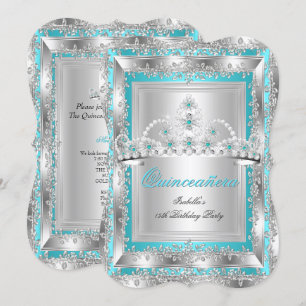 Quinceanera 15th Birthday Teal Blue Silver Tiara 2 Invitation
