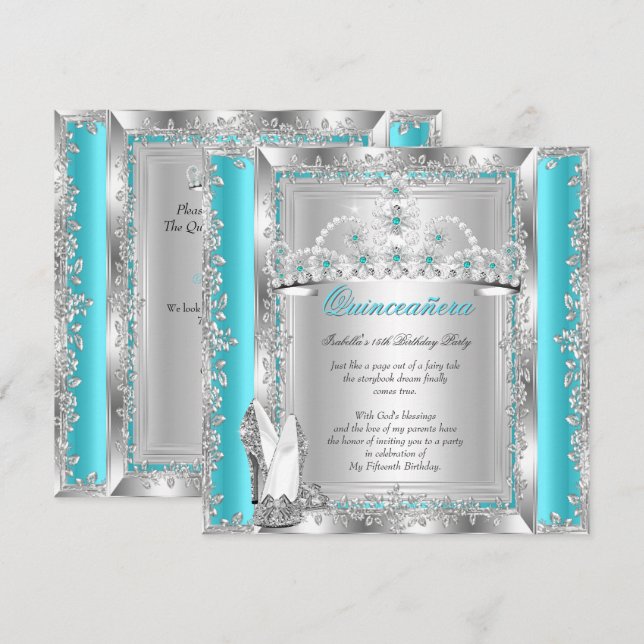 Quinceanera 15th Birthday Teal Blue Silver Tiara a Invitation (Front/Back)