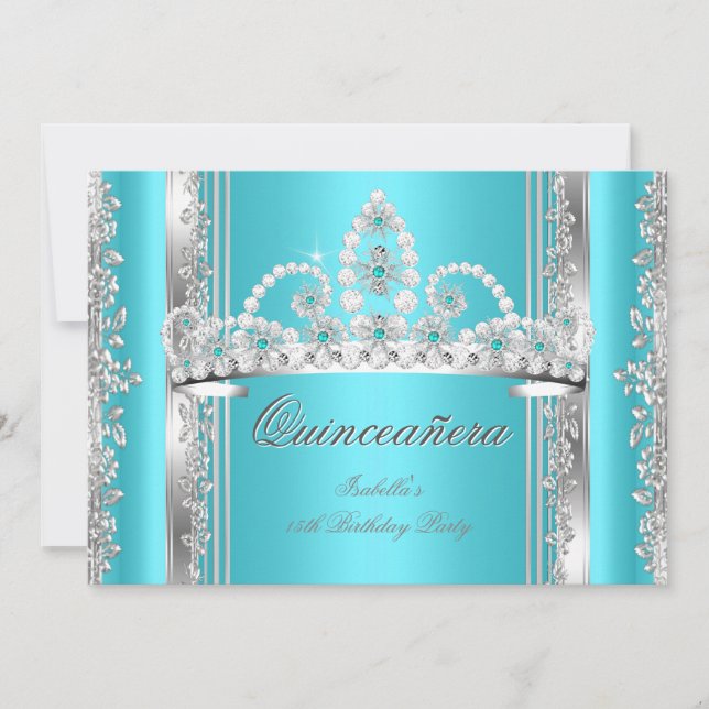 Quinceanera 15th Birthday Teal Blue Silver Tiara b Invitation (Front)