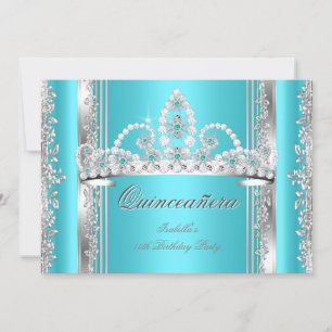 Quinceanera 15th Birthday Teal Blue Silver Tiara b Invitation