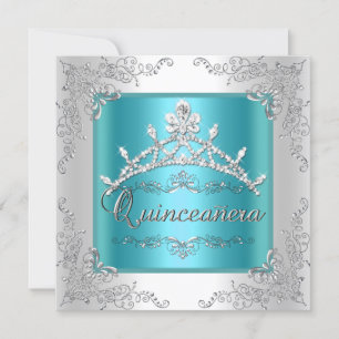 Quinceanera 15th Birthday Teal Blue Silver Tiara Invitation