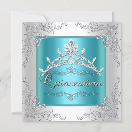 Quinceanera 15th Birthday Teal Blue Silver Tiara Personalized Invitation