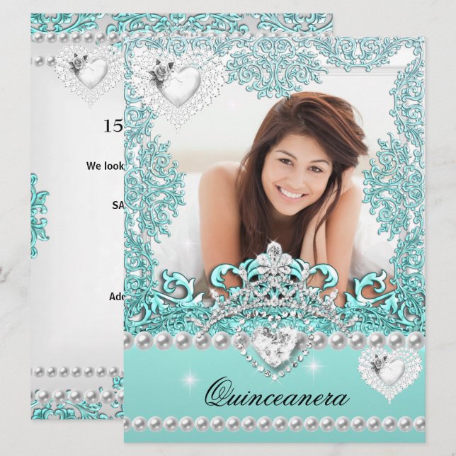 Quinceanera 15th Birthday Teal Blue Silver White Invitation (Front/Back)