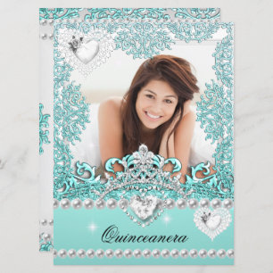 Quinceanera 15th Birthday Teal Blue Silver White Invitation