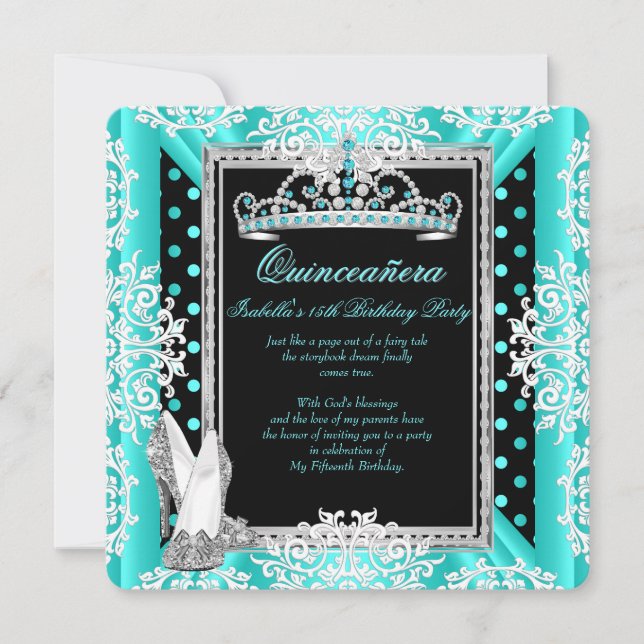 Quinceanera 15th Birthday Teal Blue Spots Black Invitation (Front)