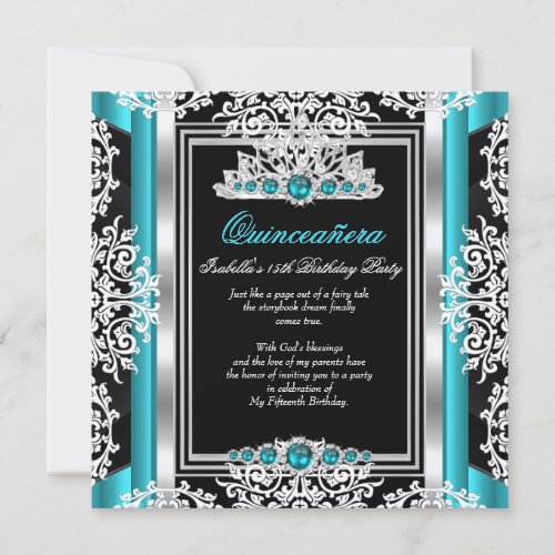 Quinceanera 15th Birthday Teal Pearl Silver Black Invitation