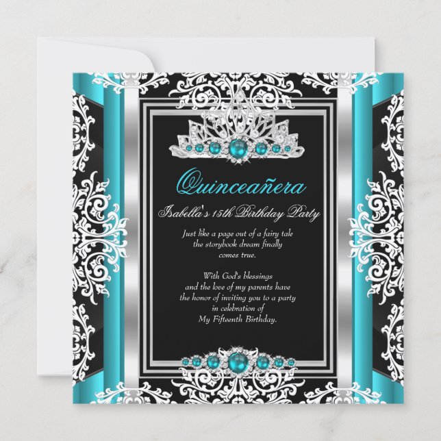 Quinceanera 15th Birthday Teal Pearl Silver Black Invitation (Front)