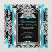 Quinceanera 15th Birthday Teal Pearl Silver Black Invitation (Front/Back)