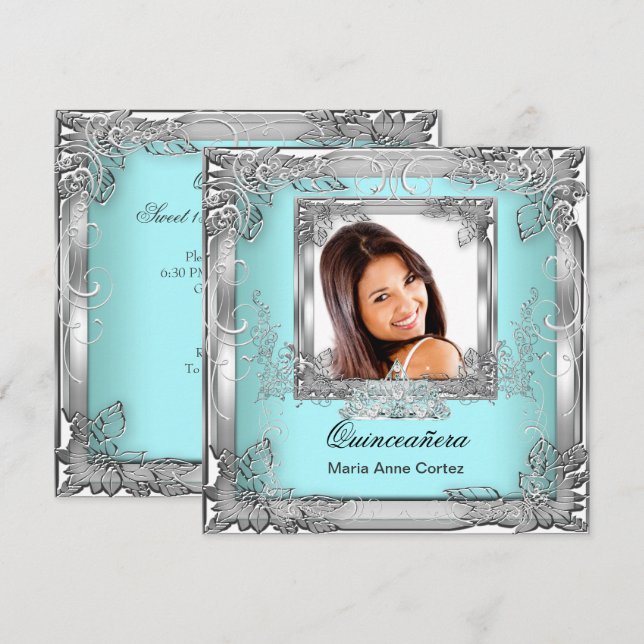 Quinceañera 15th Birthday Teal White Silver Tiara Invitation (Front/Back)