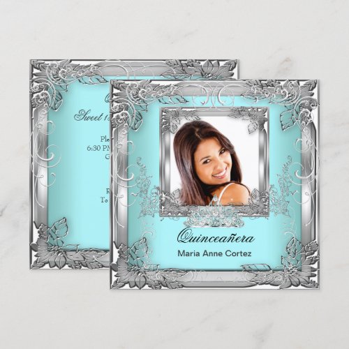 Quinceañera 15th Birthday Teal White Silver Tiara Announcements
