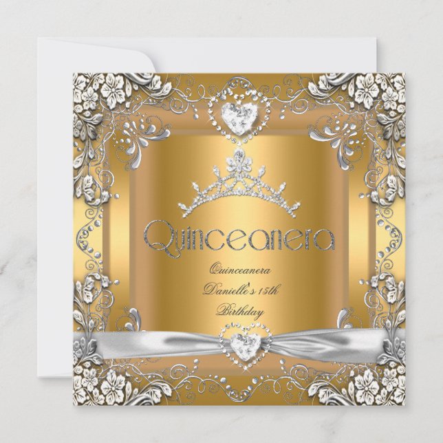 Quinceanera 15th Birthday Tiara Gold White Silver Invitation (Front)