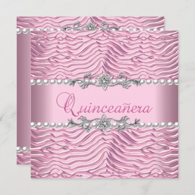Quinceanera 15th Birthday White Pearl Pink Zebra Invitation (Front/Back)