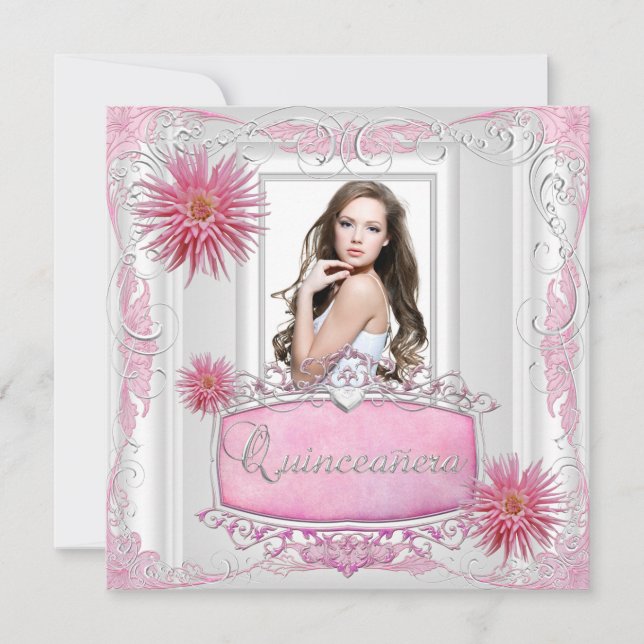 Quinceanera 15th Birthday White Pink Silver Dahlia Invitation (Front)