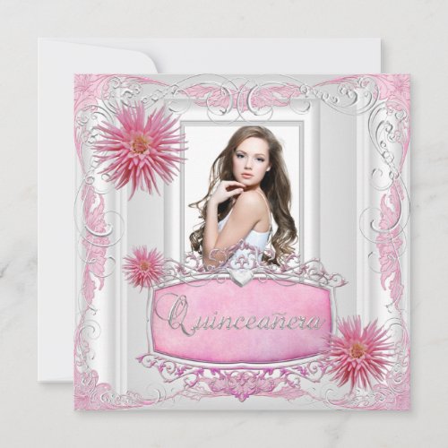 Quinceanera 15th Birthday White Pink Silver Dahlia Invitation