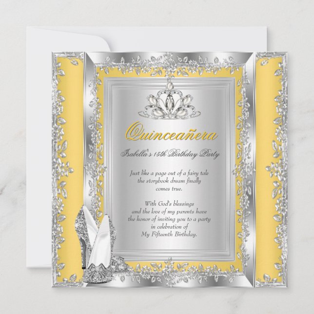 Quinceanera 15th Birthday Yellow Silver Shoes 2 Invitation (Front)